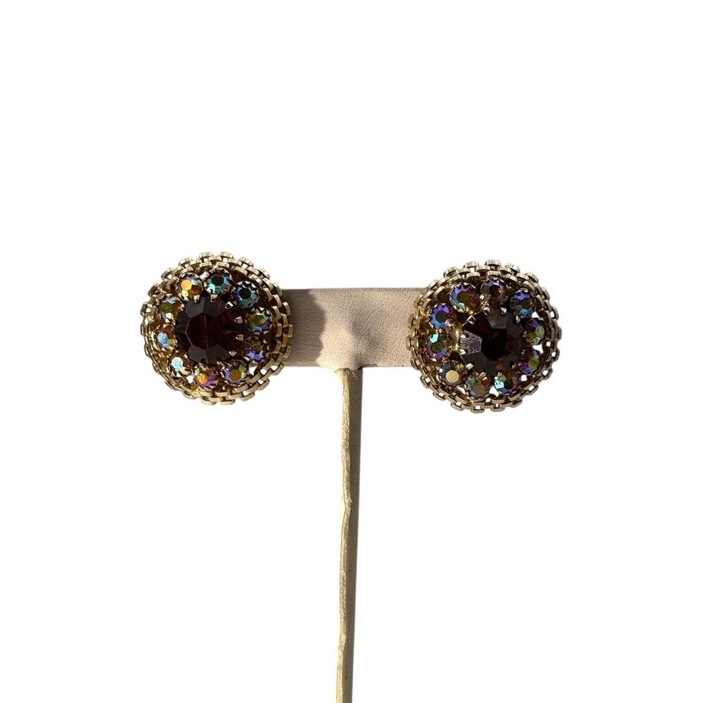 Vintage Signed Weiss Gold Tone Round Aurora Borealis Rhinestone Clip On Earrings